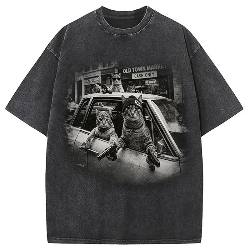 Modecanvas Gangster Cats DTG Printing Washed T-Shirt-modecanvas