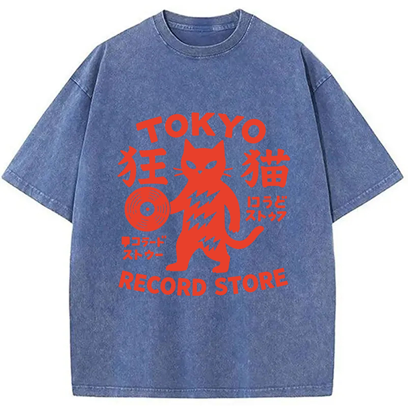 Modecanvas Tokyo Record Store Cat DTG Printing Washed T-Shirt
