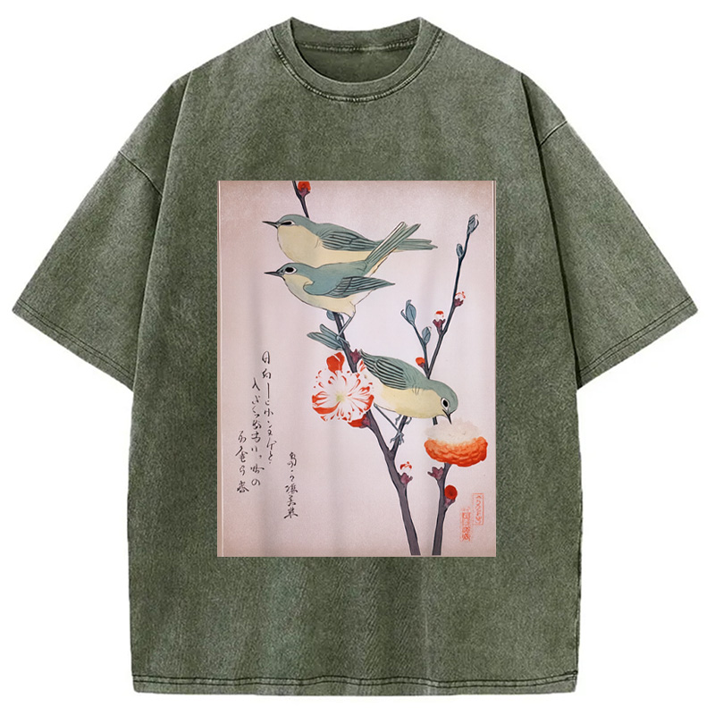 Modecanvas Japanese Art Birds on Cherry Blossom Washed T-Shirt