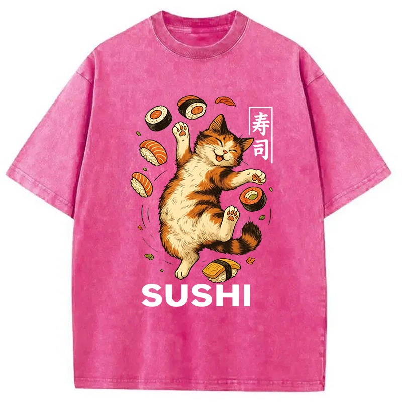 Modecanvas Funny Sushi Cat DTG Printing Washed T-Shirt