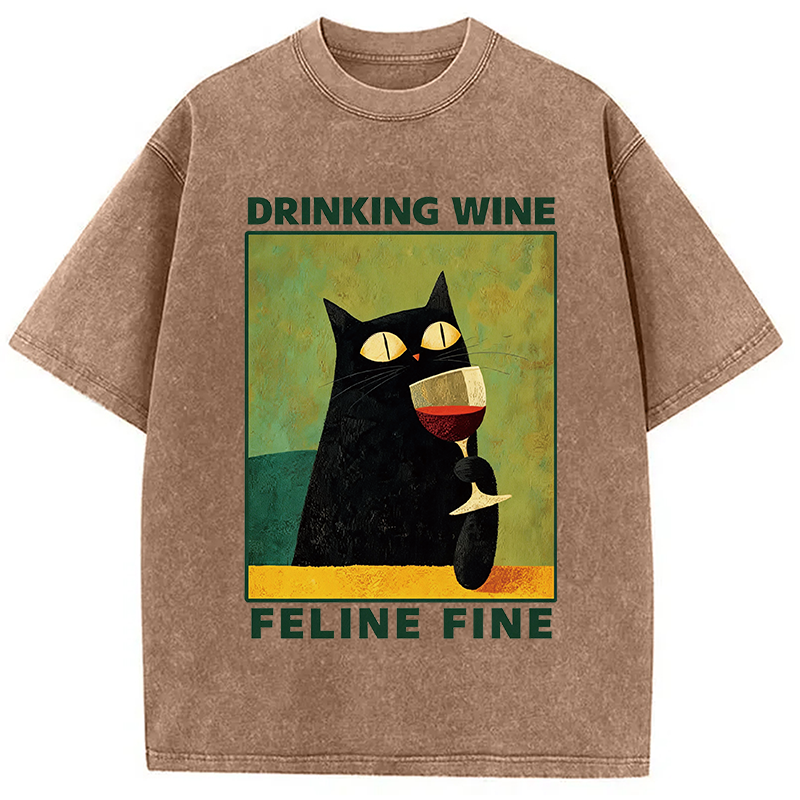 Modecanvas Drinking Wine Feline Wine DTG Printing Washed T-Shirt