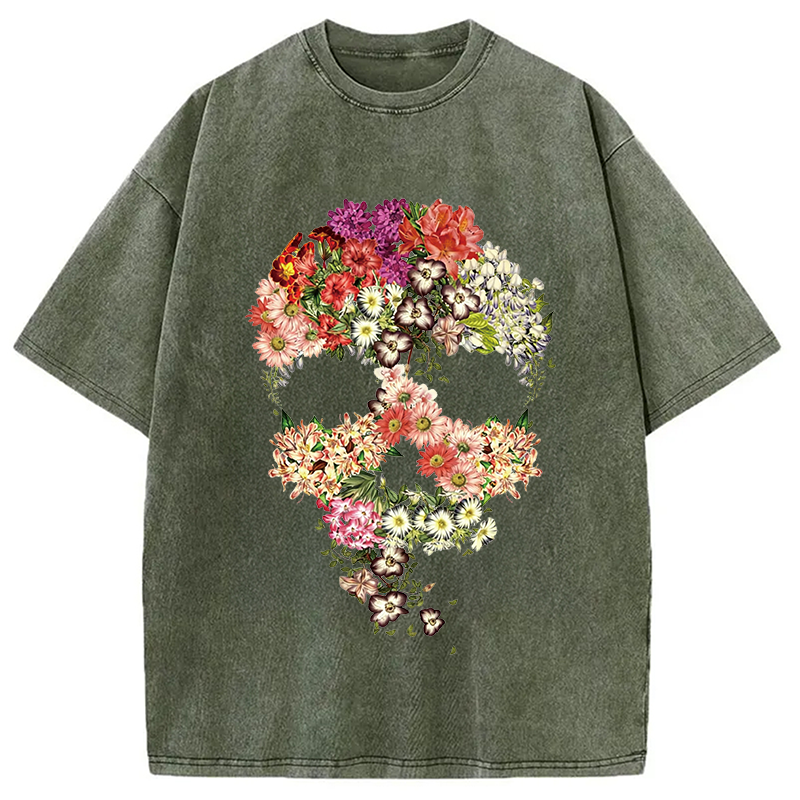 Modecanvas Skull Floral DTG Printing Washed T-Shirt