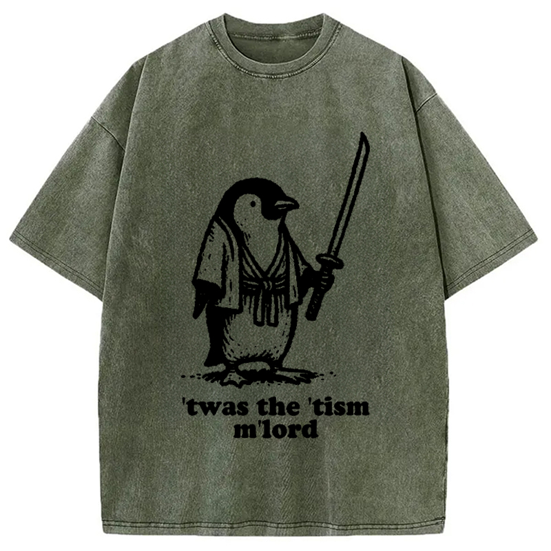 Modecanvas Focused Penguin Samurai Washed T-Shirt-modecanvas