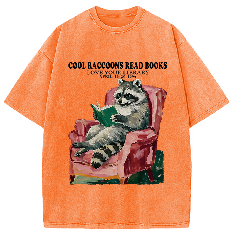 Modecanvas Cool Raccoon Reads DTG Printing Washed T-Shirt-modecanvas