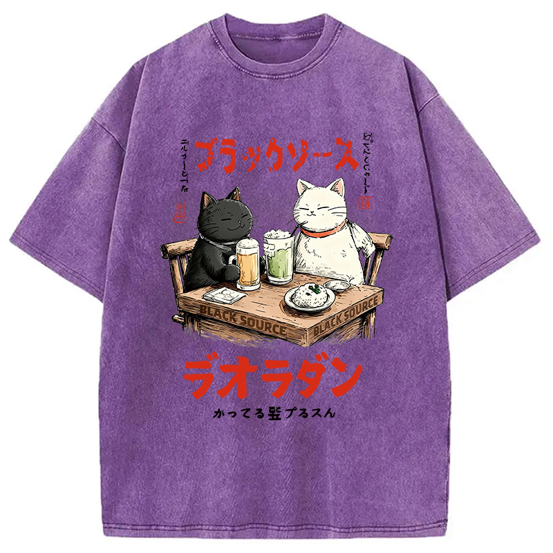 Modecanvas Funny Drinking Cat DTG Printing Washed T-Shirt