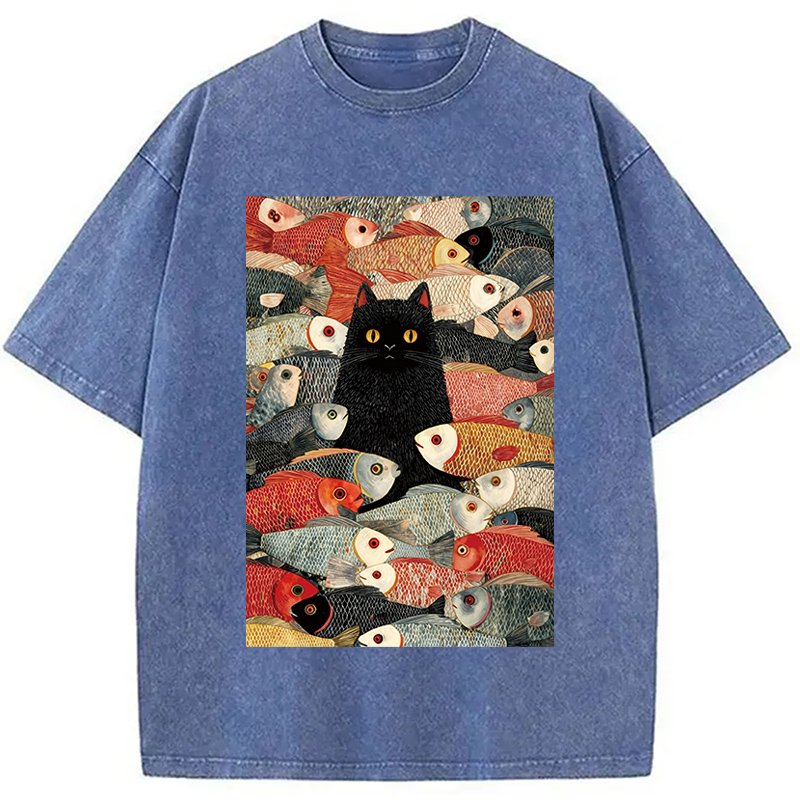 Modecanvas Black Cat Koi Fish Washed T-Shirt-modecanvas