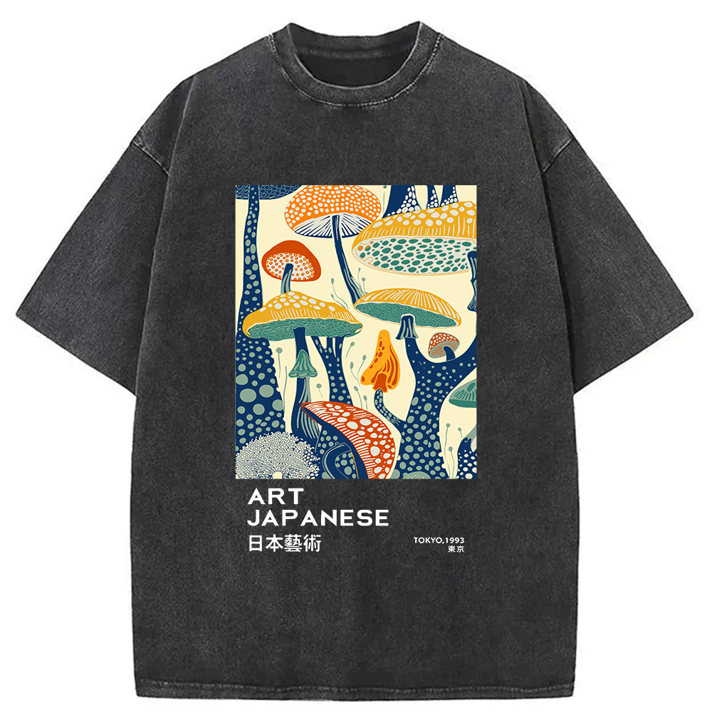 Modecanvas Dancing Mushroom Japanese Art Washed T-Shirt