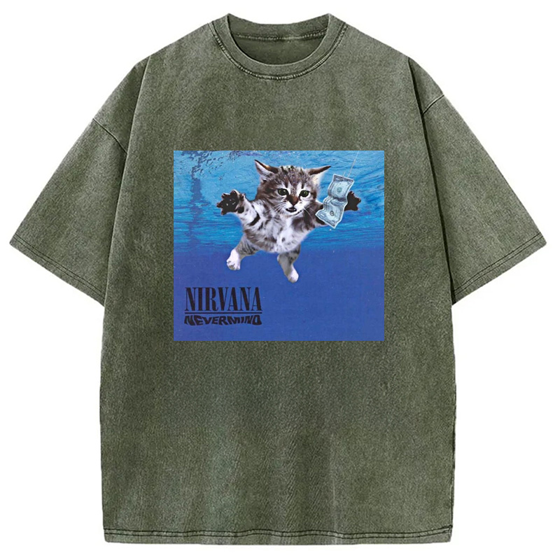 Modecanvas Nirvana Band Cat Washed T-Shirt-modecanvas