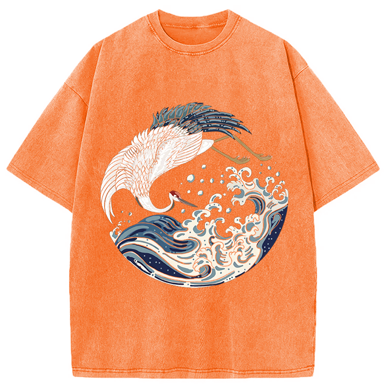 Modecanvas Crane Bird Wave DTG Printing Washed T-Shirt
