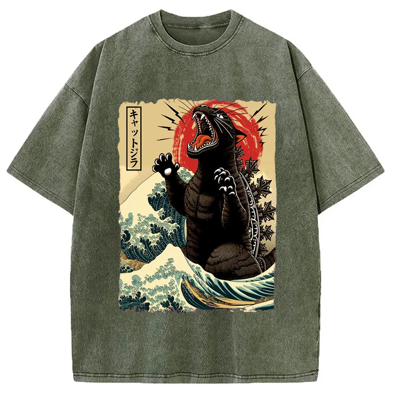Modecanvas Catzilla Cat Wave Japanese Washed T-Shirt-modecanvas