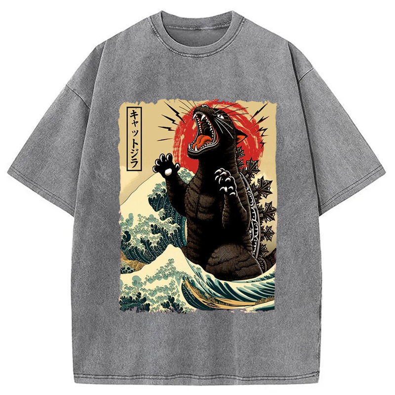 Modecanvas Catzilla Cat Wave Japanese Washed T-Shirt-modecanvas