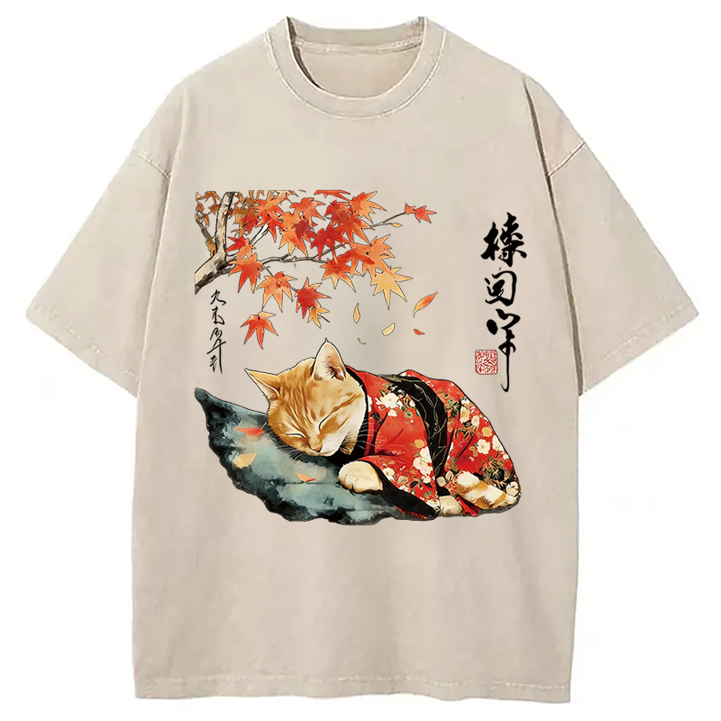 Modecanvas Kimono Neko Art DTG Printing Washed T-Shirt-modecanvas
