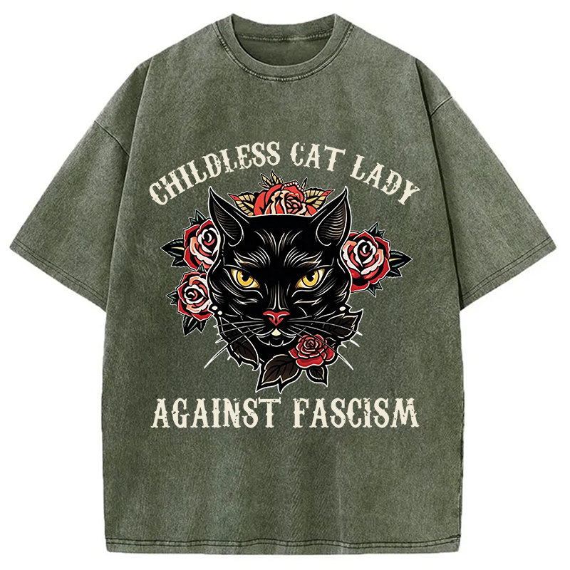 Modecanvas Childless Cat Lady Against Fascism Funny Cat Meme DTG Printing Washed T-Shirt