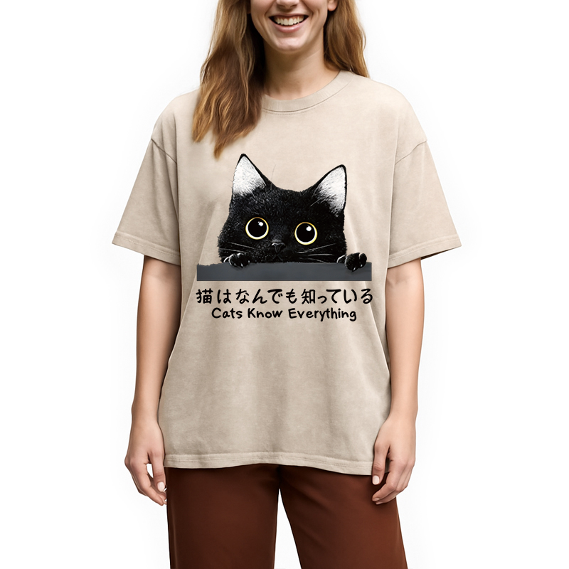 Modecanvas Cats Know Everything DTG Printing Washed T-Shirt-modecanvas