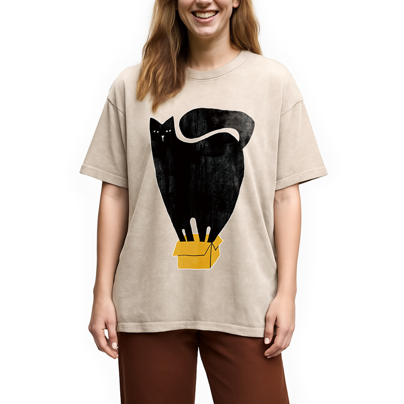Modecanvas Cat and Box DTG Printing Washed T-Shirt