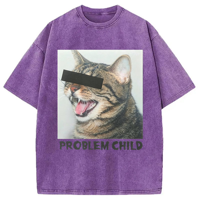 Modecanvas Problem Child Cat Washed T-Shirt-modecanvas