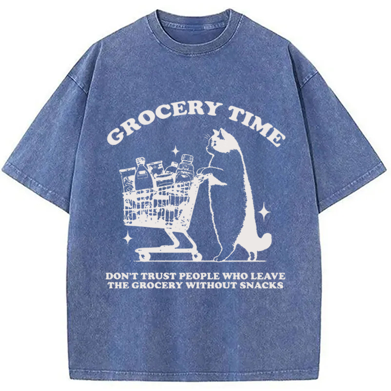 Modecanvas Grocery Time Funny Cat DTG Printing Washed T-Shirt