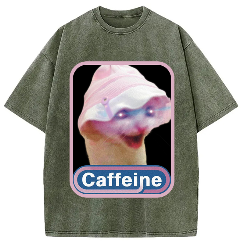 Modecanvas Caffeine Hat Cat Funny Meme Washed T-Shirt