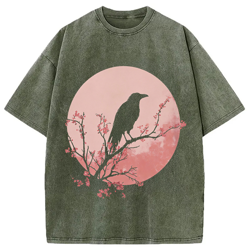 Modecanvas Crow Pink Moon DTG Printing Washed T-Shirt