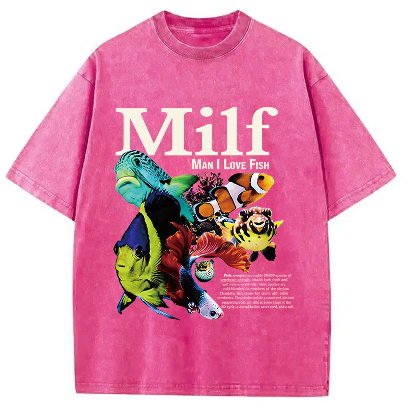 Modecanvas Man I Love Fish Vintage Meme Washed T-Shirt-modecanvas