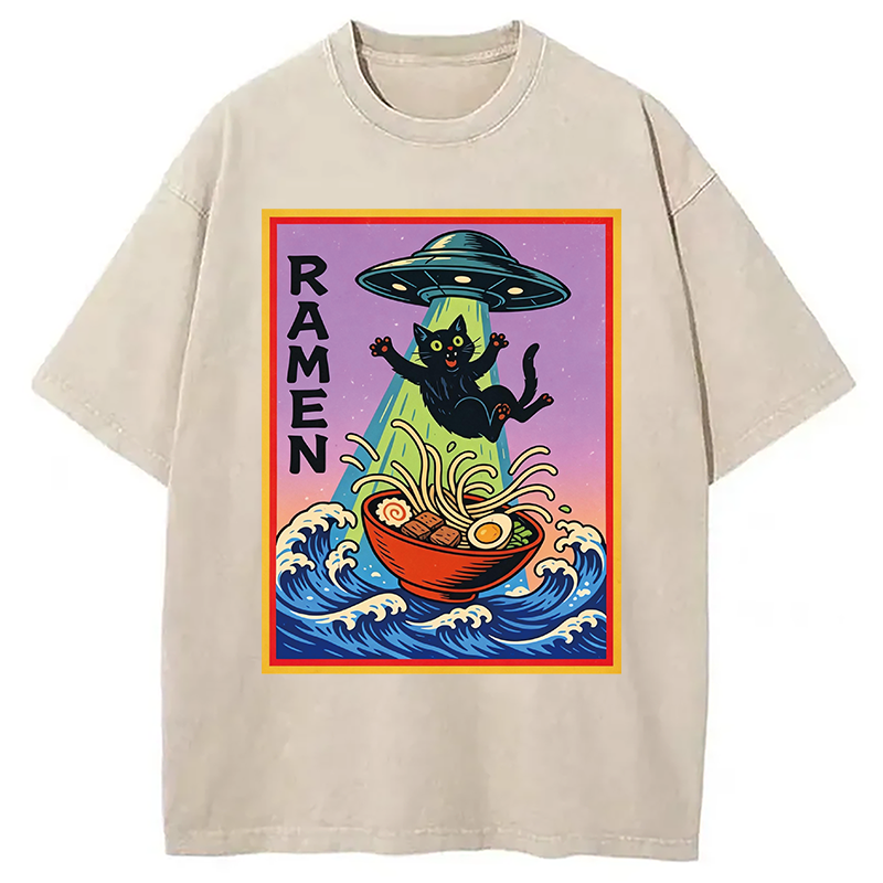 Modecanvas UFO Catching the Ramen Black Cat DTG Printing Washed T-Shirt