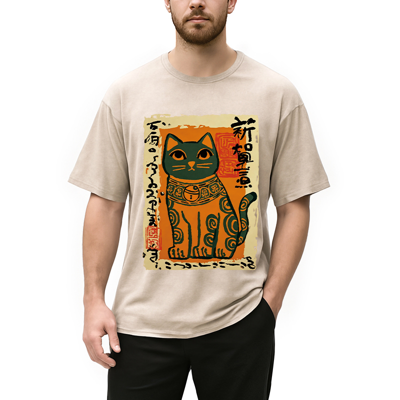 Modecanvas Lucky Cat DTG Printing Washed T-Shirt