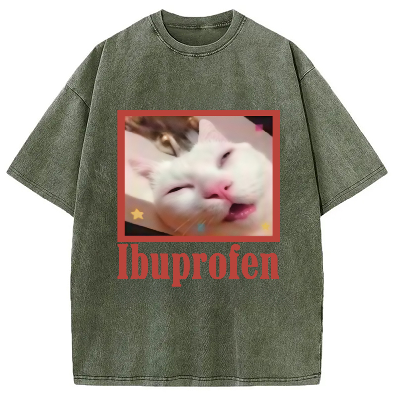 Modecanvas Ibuprofen Meme Cat Benny Cute Washed T-Shirt-modecanvas