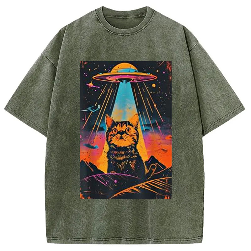 Modecanvas Catzilla Vintage Funny Cute Cat Washed T-Shirt-modecanvas
