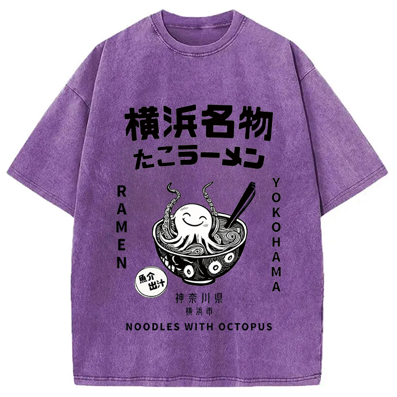 Modecanvas Japanese Kanji Art Octopus Ramen DTG Printing Washed T-Shirt