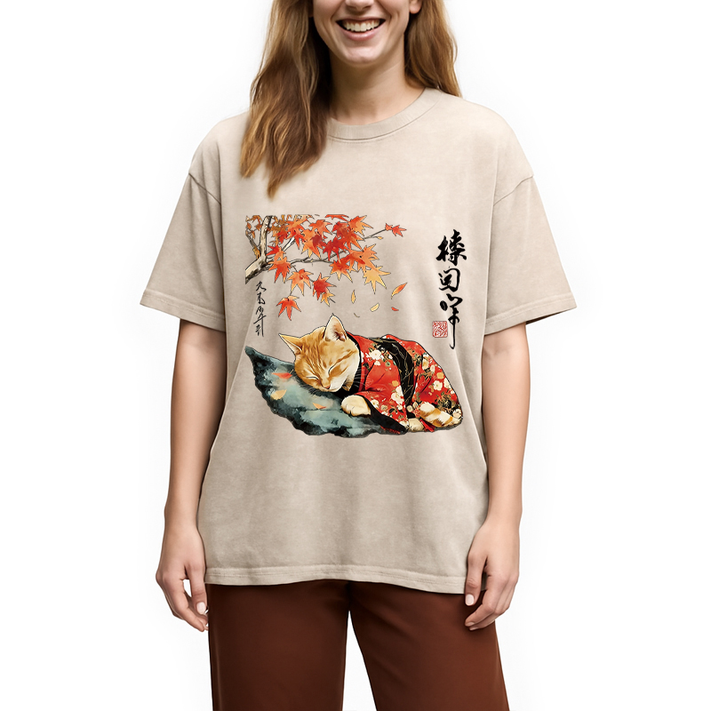 Modecanvas Kimono Neko Art DTG Printing Washed T-Shirt-modecanvas