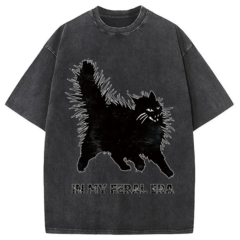 Modecanvas Wild Black Cat DTG Printing Washed T-Shirt