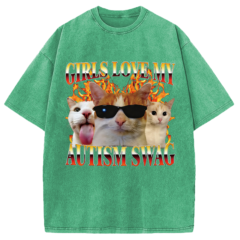 Modecanvas Girls Love My Autism Swag Funny Cat Meme DTG Printing Washed T-Shirt