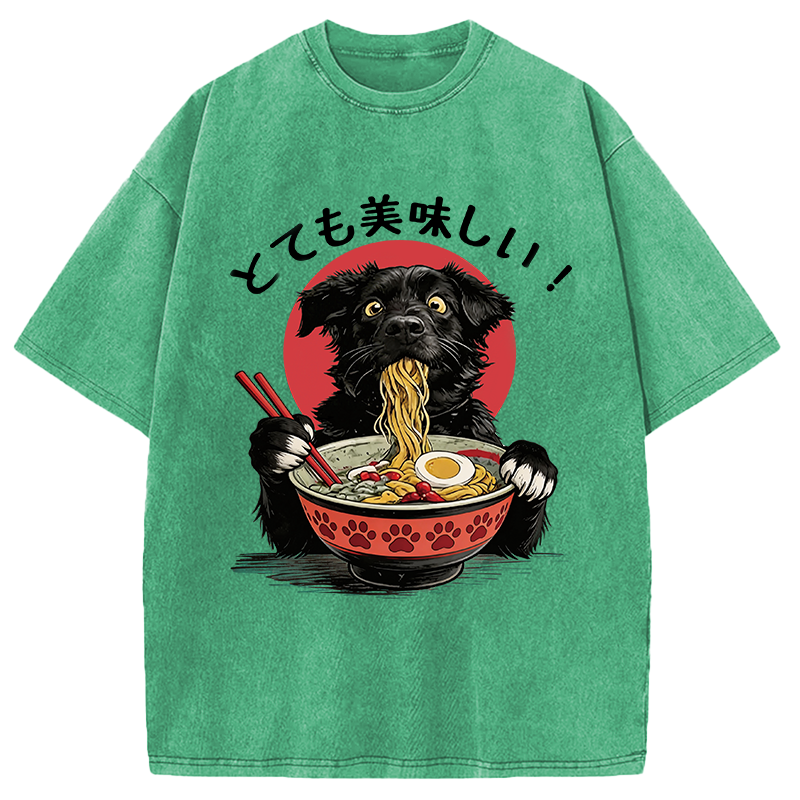 Modecanvas Dog Eating Ramen Joyfully DTG Printing Washed T-Shirt
