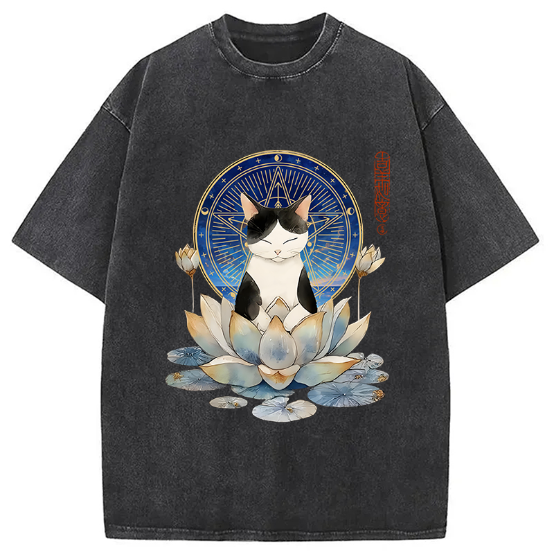 Modecanvas Funny Cat Lotus Zen Auspiciousness Washed T-Shirt