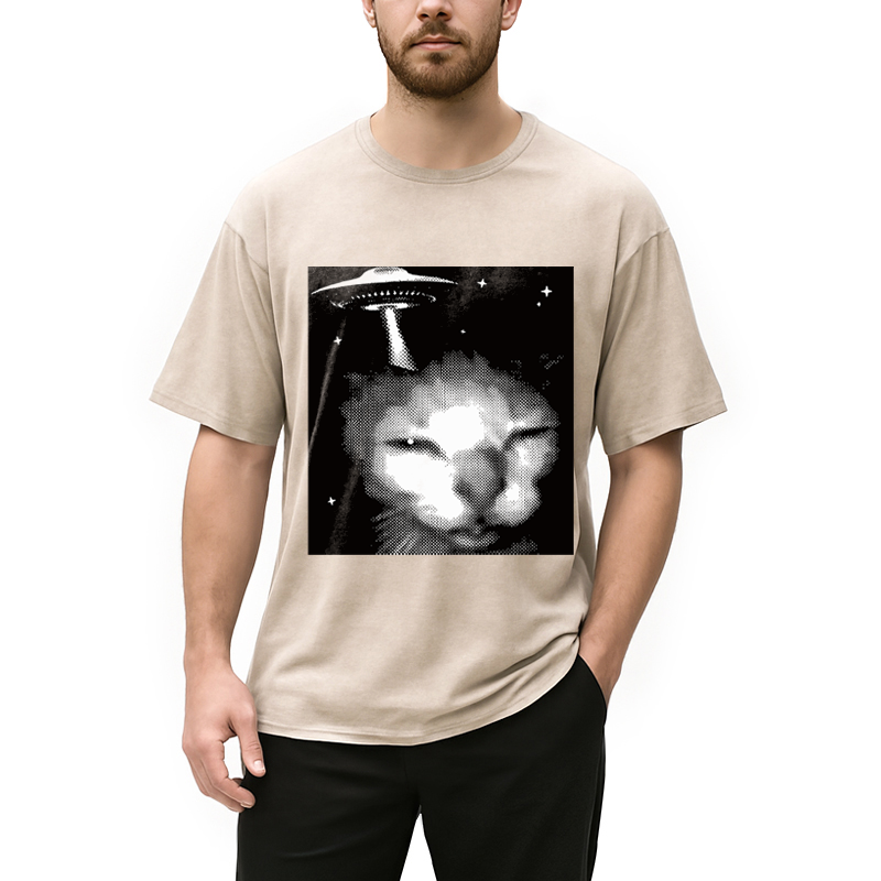 Modecanvas Alien Cat Meme UFO Vintage DTG Printing Washed T-Shirt