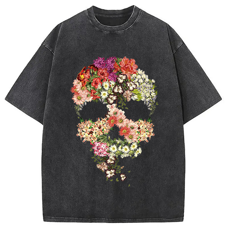 Modecanvas Skull Floral DTG Printing Washed T-Shirt