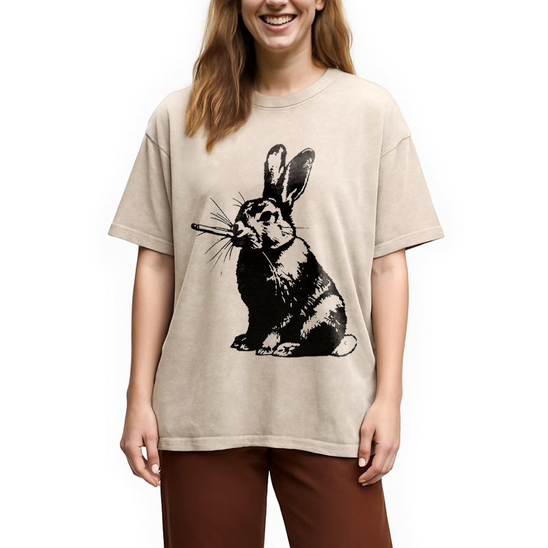 Modecanvas Funny Rabbit Smoking DTG Printing Washed T-Shirt