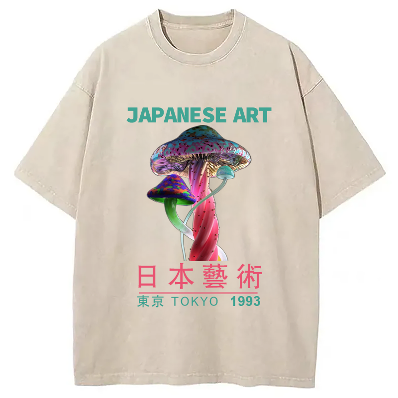 Modecanvas Psychedelic Mushrooms Japanese Art Washed T-Shirt