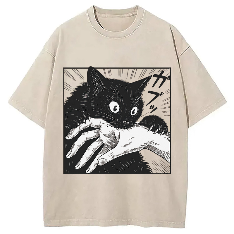 Modecanvas Vintage Black Cat Bite Washed T-Shirt