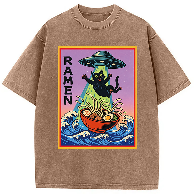 Modecanvas UFO Catching the Ramen Black Cat DTG Printing Washed T-Shirt