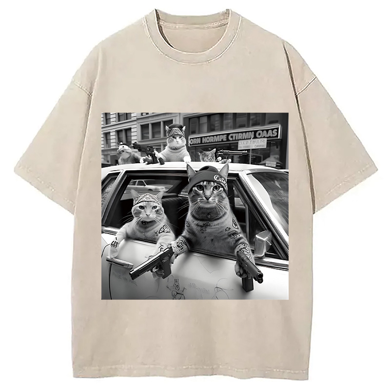 Modecanvas Funny Gangster Cats DTG Printing Washed T-Shirt-modecanvas