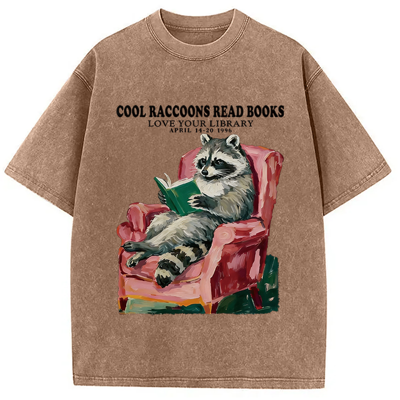 Modecanvas Cool Raccoon Reads DTG Printing Washed T-Shirt-modecanvas