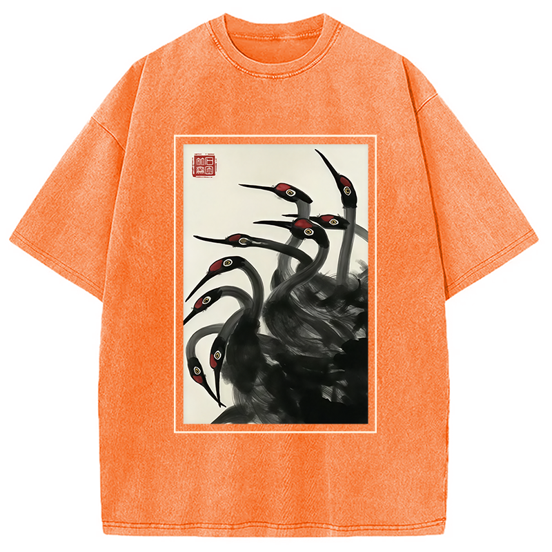 Modecanvas Retro Red Crowned Crane Washed T-Shirt