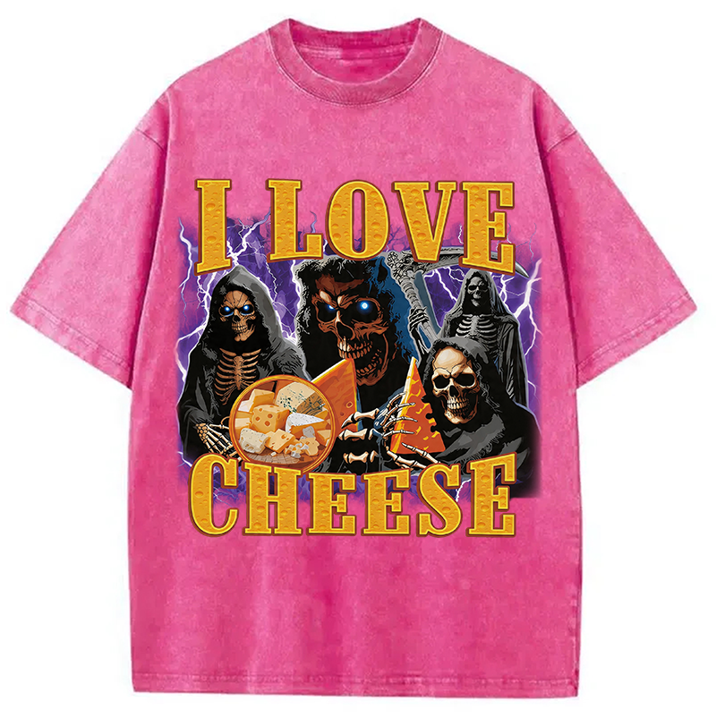 Modecanvas I Love Cheese Funny Skeleton Meme DTG Printing Washed T-Shirt
