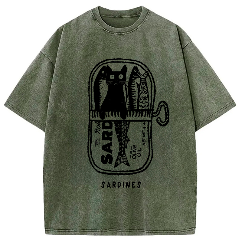 Modecanvas Cat Hiding In A Sardine Can Washed T-Shirt-modecanvas