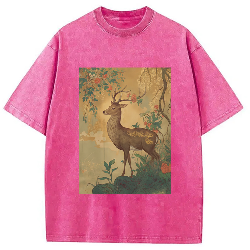 Modecanvas Graceful Japanese Deer Washed T-Shirt