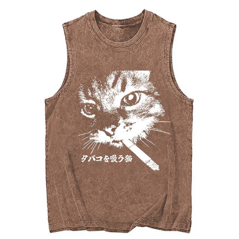 Modecanvas Retro Cat Smoking DTG Printing Washed Tank-modecanvas