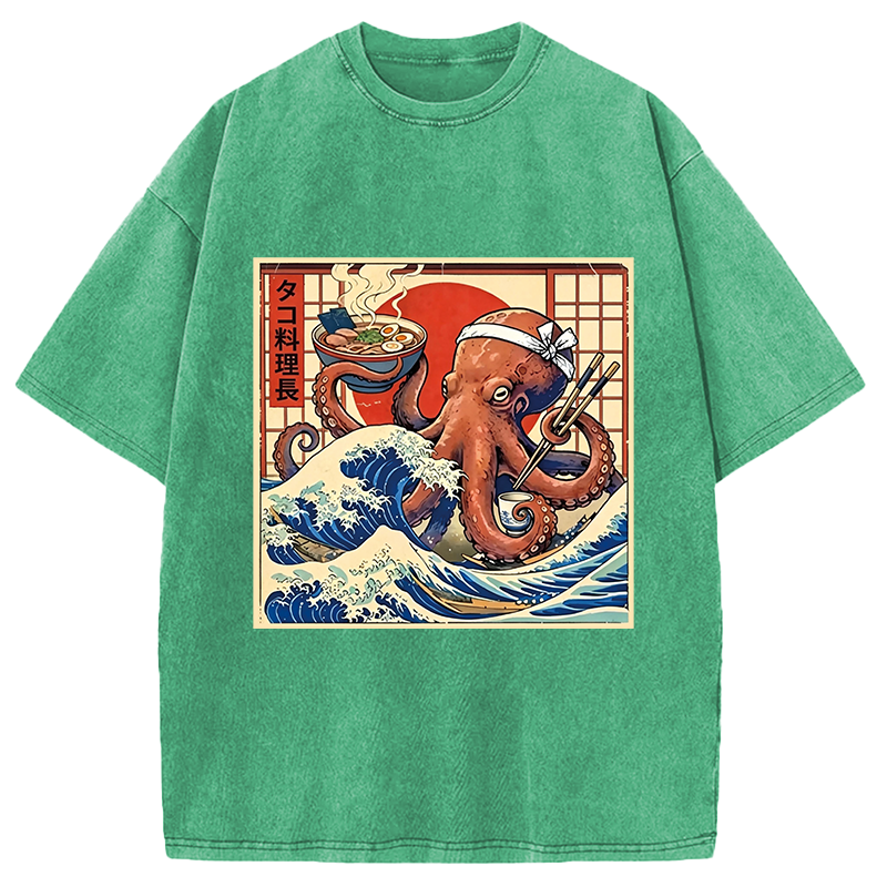 Modecanvas Ukiyo-E Octopus Ramen DTG Printing Washed T-Shirt