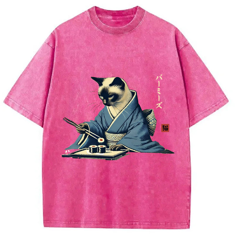 Modecanvas Cat In Kimono Eating Sushi Washed T-Shirt