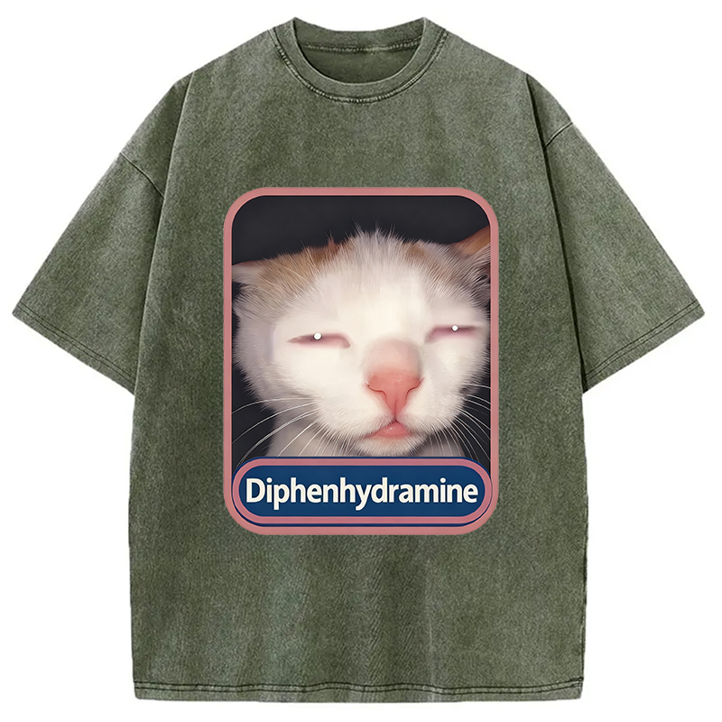 Modecanvas Diphenhydramine Cat Meme Washed T-Shirt-modecanvas